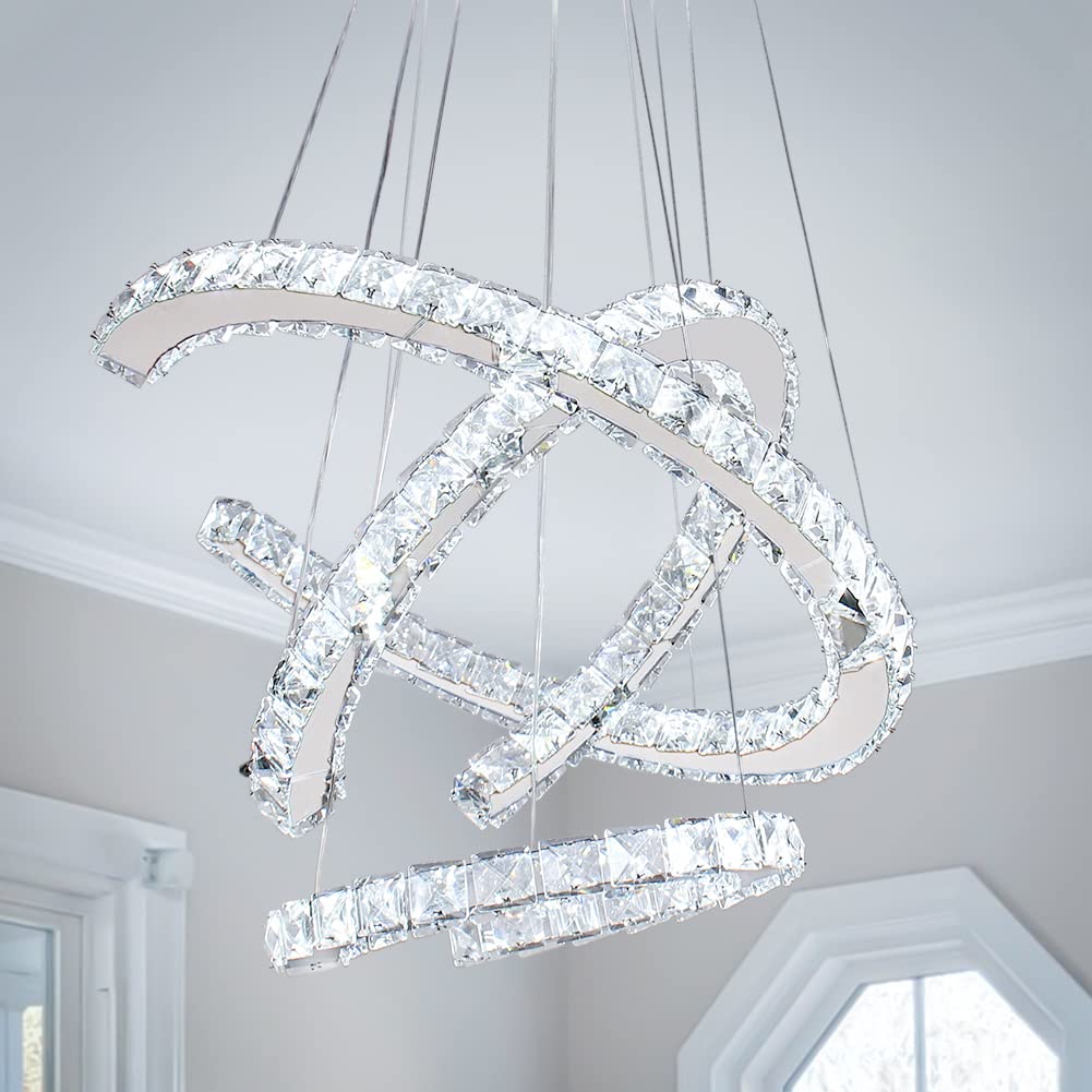 Zenouidle Modern Crystal Chandelier 3 Rings Ceiling Light Fixture LED Pendant Light Adjustable Shape Crystal Chandeliers Island Pendant Lighting for Dining Roon Bedroom Cool White 6500K
