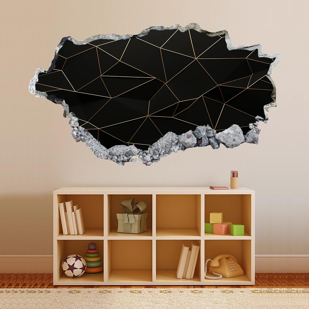 3D Wandtattoo Durchbruch Wanddeko Geometrie Wanddurchbruch sticker Wandbild Wandsticker Schwarze Und Goldene Linien Wohnzimmer Wanddeko Wandaufkleber für Kinderzimmer Mädchen Teenager Zimmer