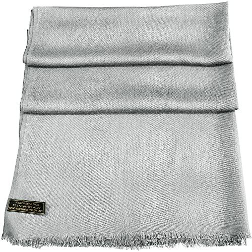 CJ Apparel Light Grey Silver Grey Solid Color Fringe Design Nepalese Shawl Seconds Scarf Wrap Stole Throw Head Wrap Pashmina Hand Made in Nepal New4