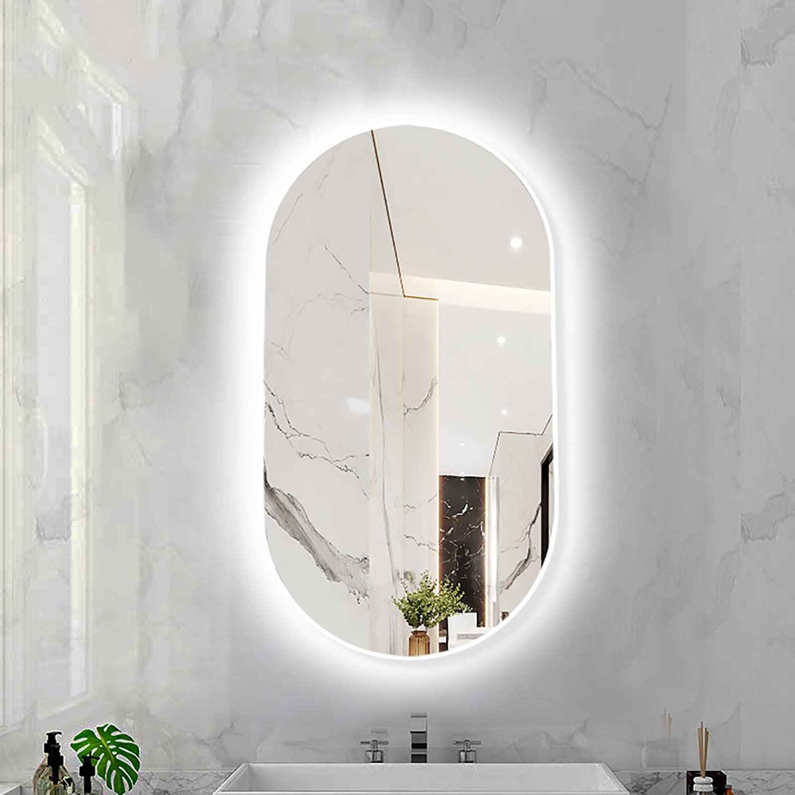 FGXHHS LED Oval with Metal Frame, Backlit Illuminated Lighted Wall Hanging Vanity for Bedroom Entryway (Color : White Frame - Light, Size 40X70CM)