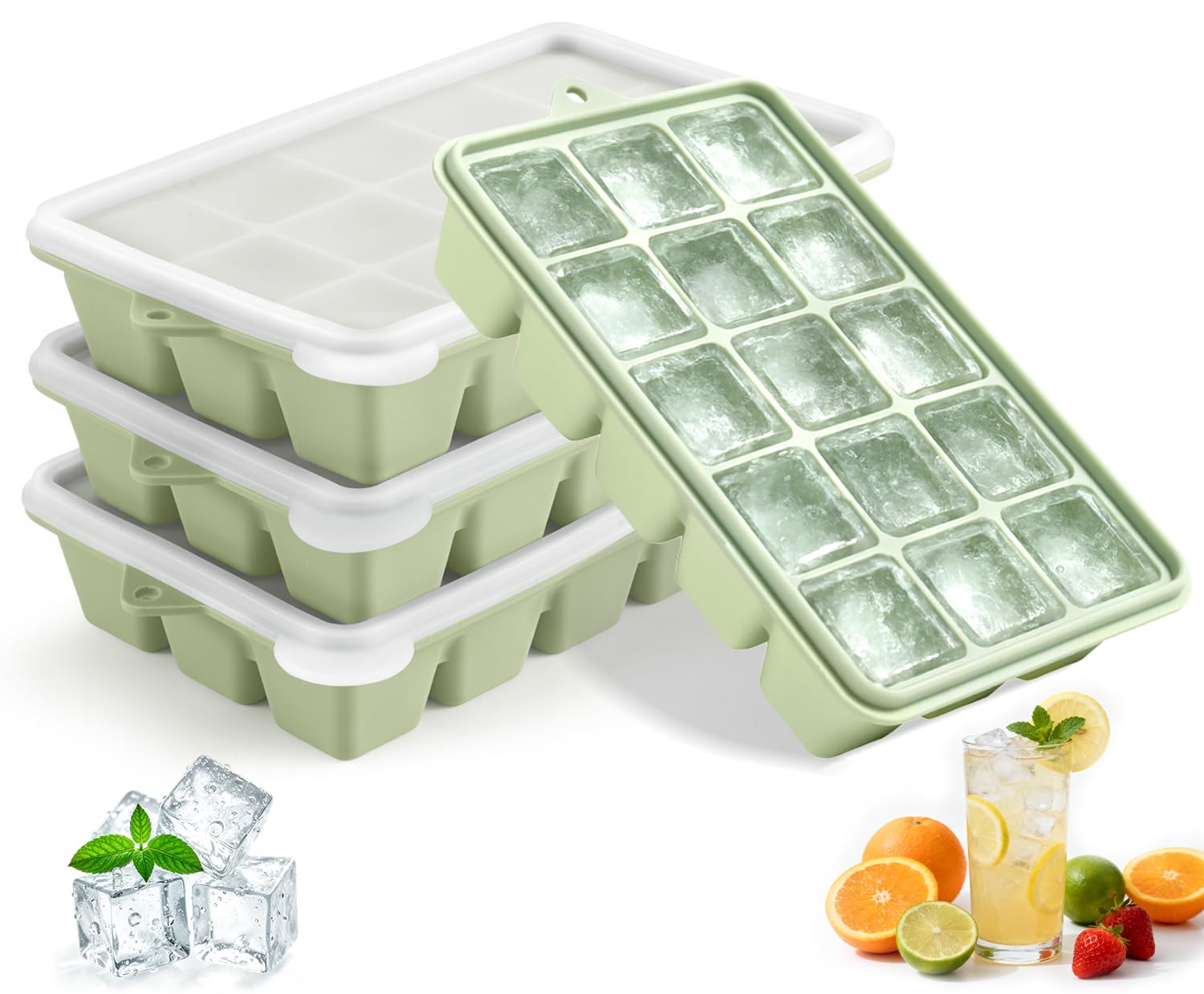 Silicone Ice Cube Trays with Lid, Set of 4, Easy Release Ice Molds, Reusable and Stackable Ice Trays for Freezer for Cocktail, Whiskey, Baby Food, BPA