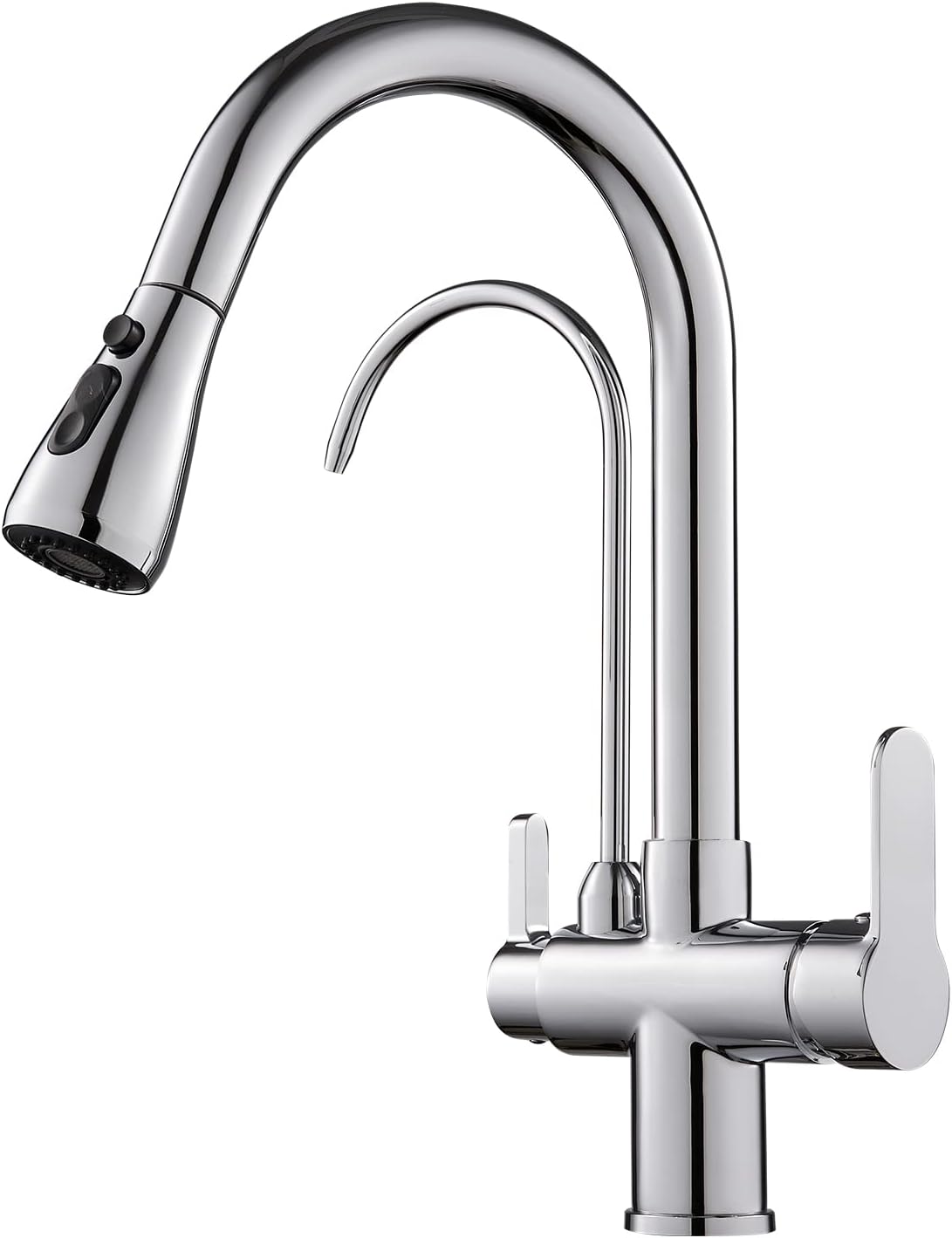 3 in 1 Kitchen Faucet with Drinking Water Faucet, 2 Handle Pull Down Kitchen Sink Faucet Water Filter Purifier Faucets (Chrome) Chrome-High Arc