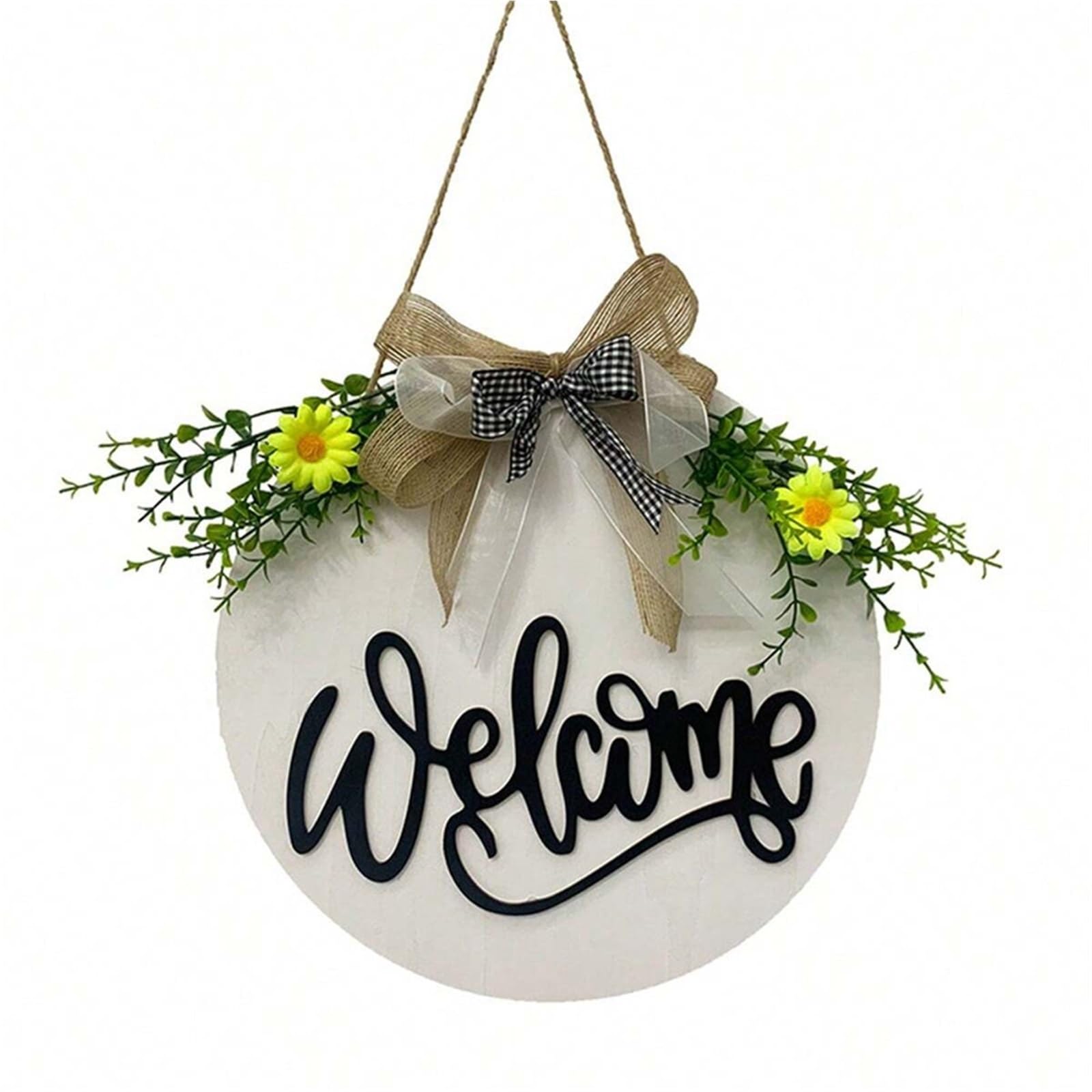 Wooden Welcome Sign 12 Inch Welcome Sign For Front Door, Decor For Farmhouse Porch, Rustic Wreaths With Stapled Greenery for home(WHITE)