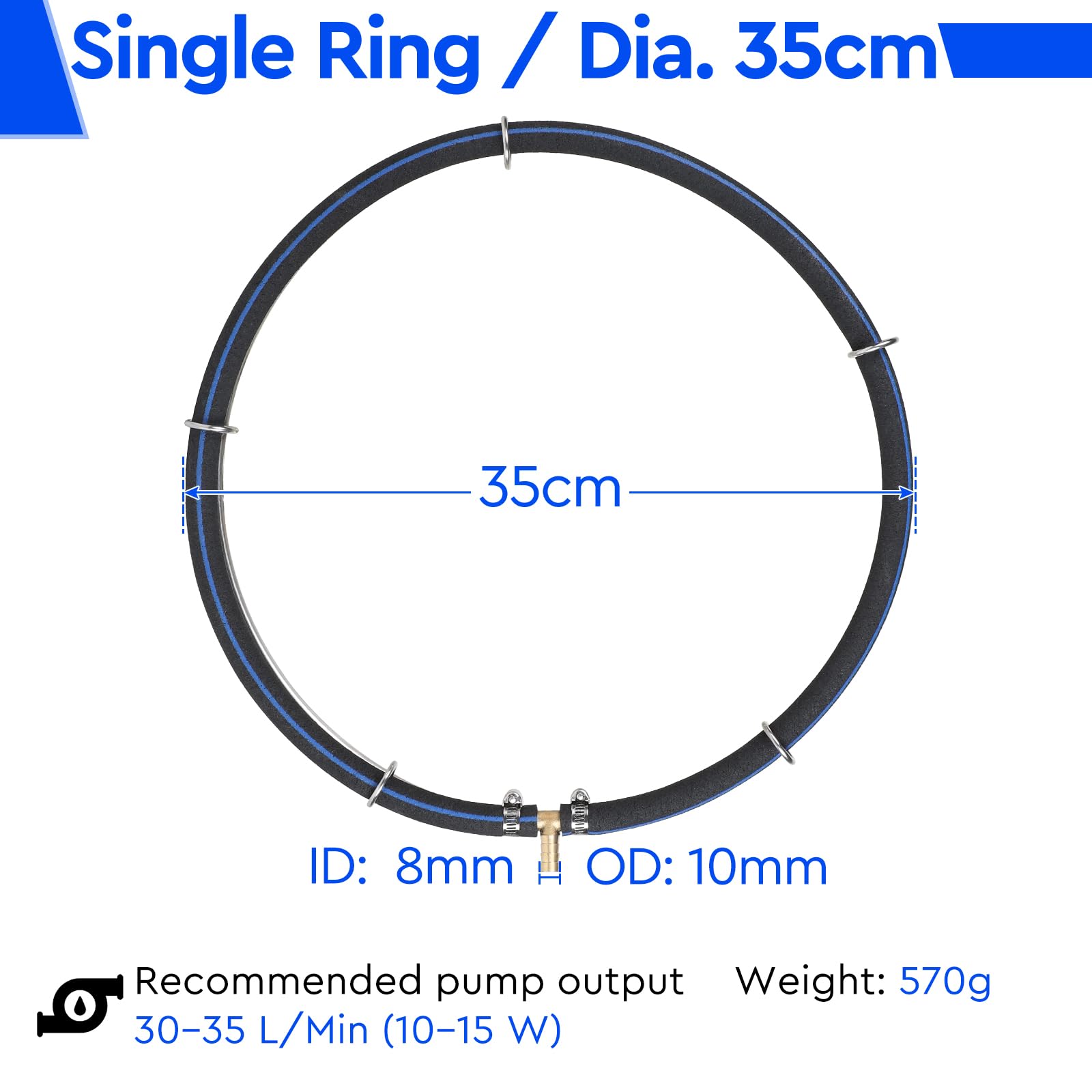 efuturetime Belüfter Teich Belüfterring φ35cm Belüftungsring Edelstahl 304, Rohrdurchmesser 8mm, Teichbelüfter mit φ9mm Schlauch 5m für Gartenteiche, Aquarium