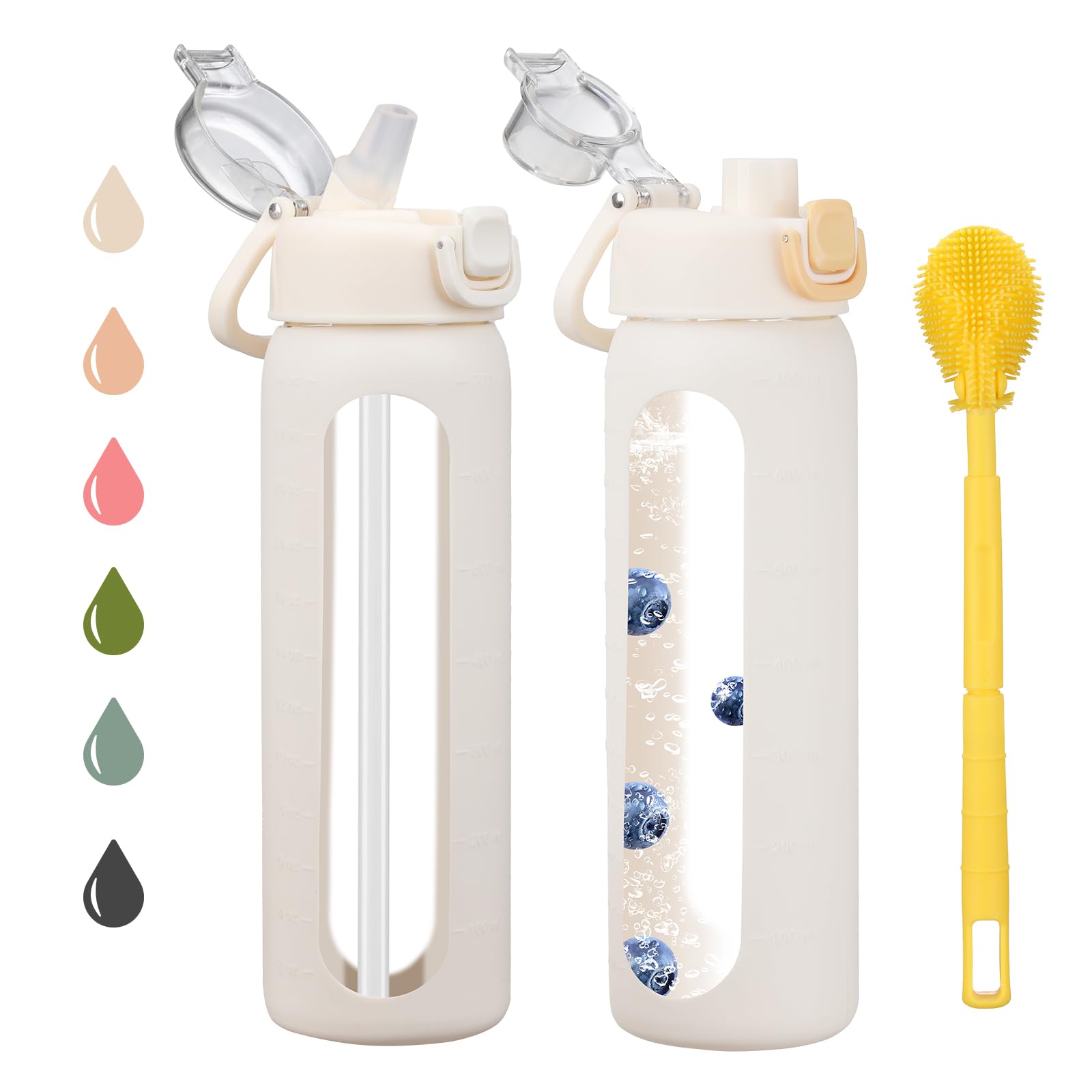 chunmo Bouteille d'eau en verre de 710 ml avec 2 couvercles, couvercle à bec verseur et couvercle à paille, bouteille d'eau motivante avec marqueur de temps et manchon en silicone, étanche, blanc