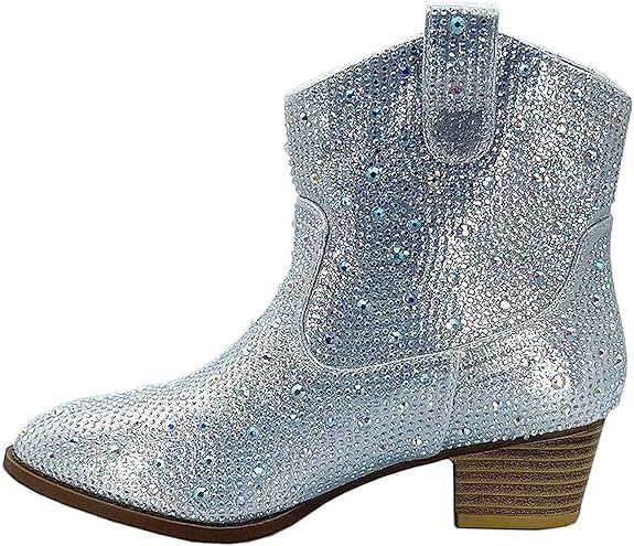 Forever Girls Rhinestone Cowboy Boots Kids Low Heel Dress Booties River-01K Silver 12