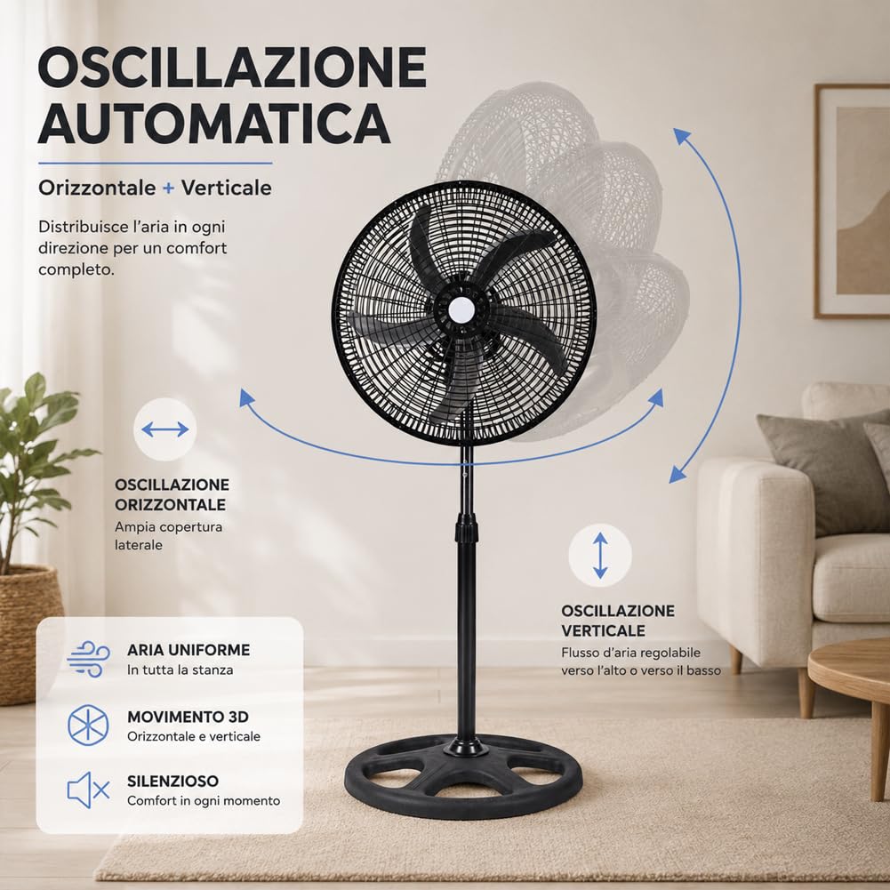 BAKAJI Ventilator 3-in-1, Tischventilator aus Stahl und Kunststoff, 3 einstellbare Geschwindigkeiten, Oszillationsfunktion, rund, robust und stabil, leise (50 cm)