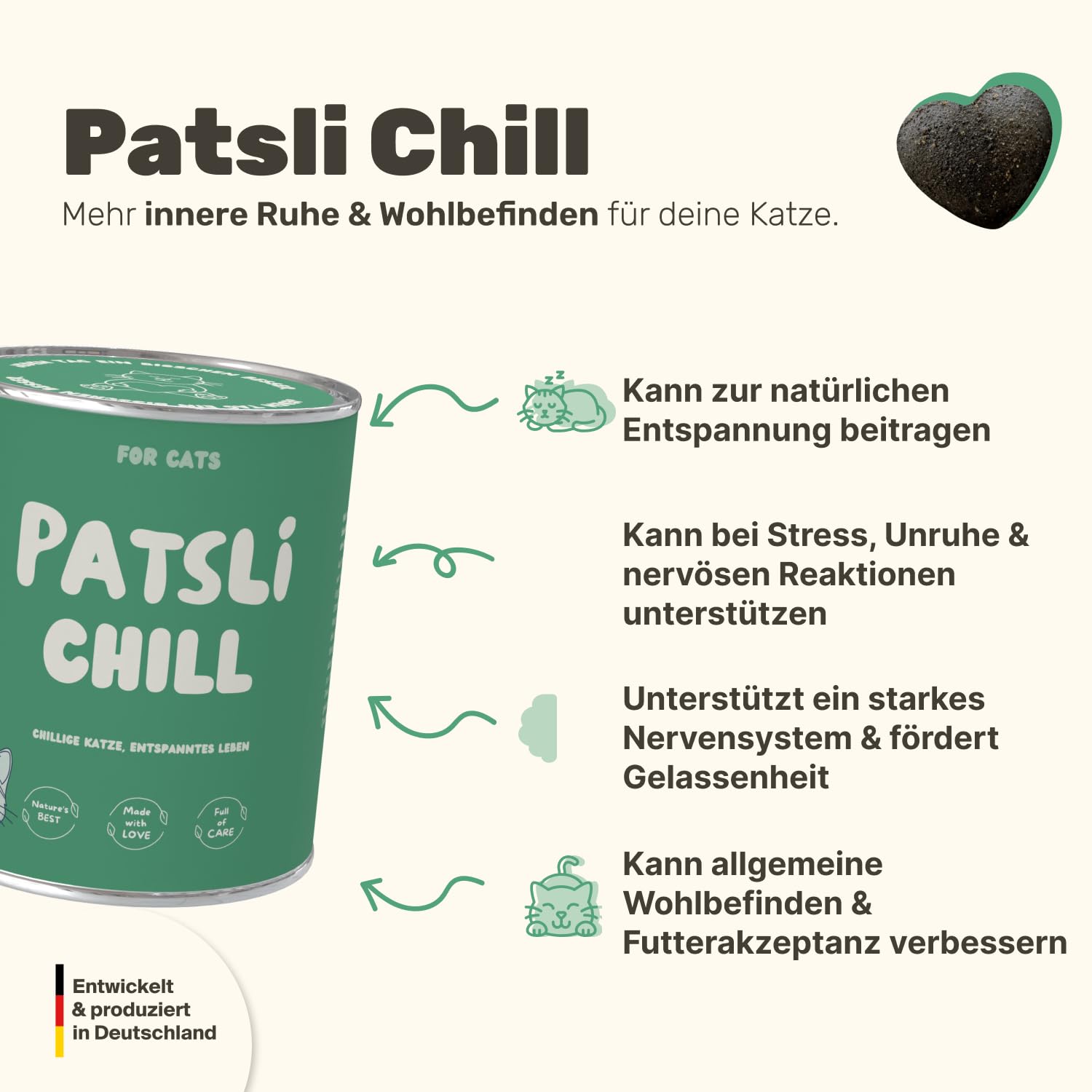 4-in-1 Ruhe Essenz für Katzen | Anti-Stress und Entspannung Katze | Beruhigungsmittel für Katze | Katzen und Kitten Leckerlies | Ergänzung für Nass- und Trockenfutter | Patsli® Chill