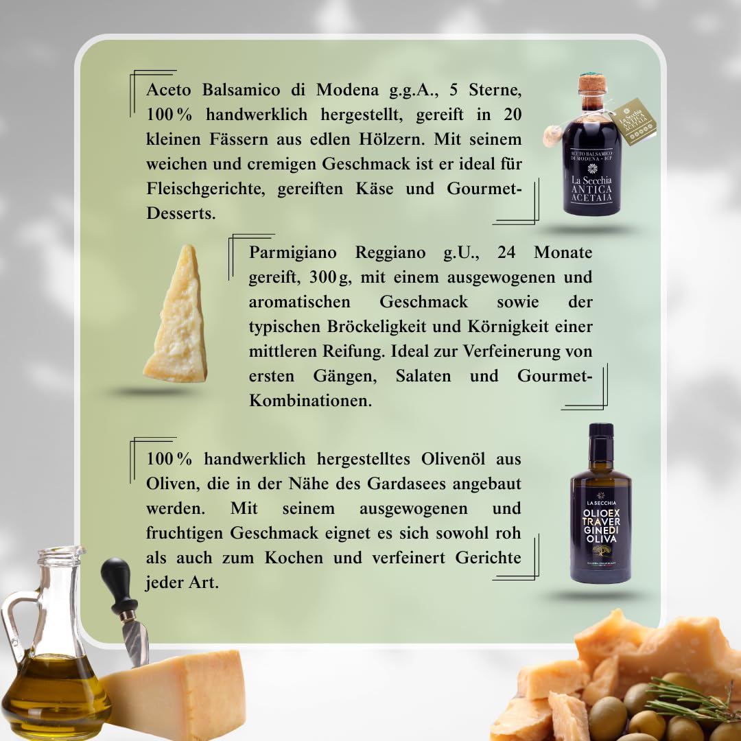 La Secchia – Handgemachter Feinschmecker-Korb, Natives Olivenöl extra, Aceto Balsamico di Modena g.g.A., Parmigiano Reggiano, Gourmet-Set mit typischen italienischen Spezialitäten, Geschenktasche inkl
