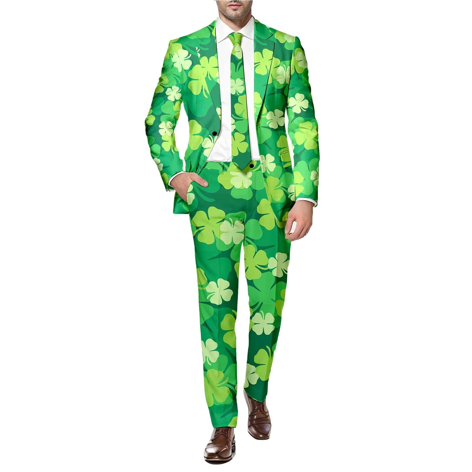 St Patricks Day Kostüm Herren Party Anzug St. Patrick Anzüge mit Festlichen Druck Beer & Shamrock Clover Tailliert Party Kostüme Outfit Mit Jackett und Hose Festlichen Kleeblatt Anzug