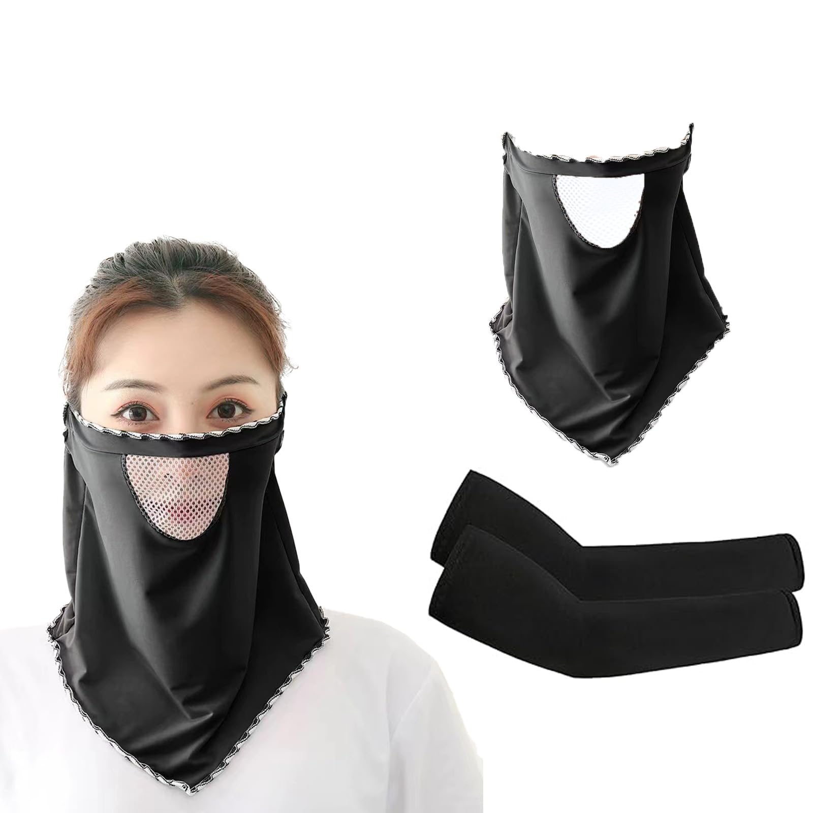 Women Face Shield Sunscreen Breathable Face Mask Sun Arm Sleeves Set, Cooling UV Protection Arm Sleeves and Face Neck Mask for Outdoor Sport, Hiking,