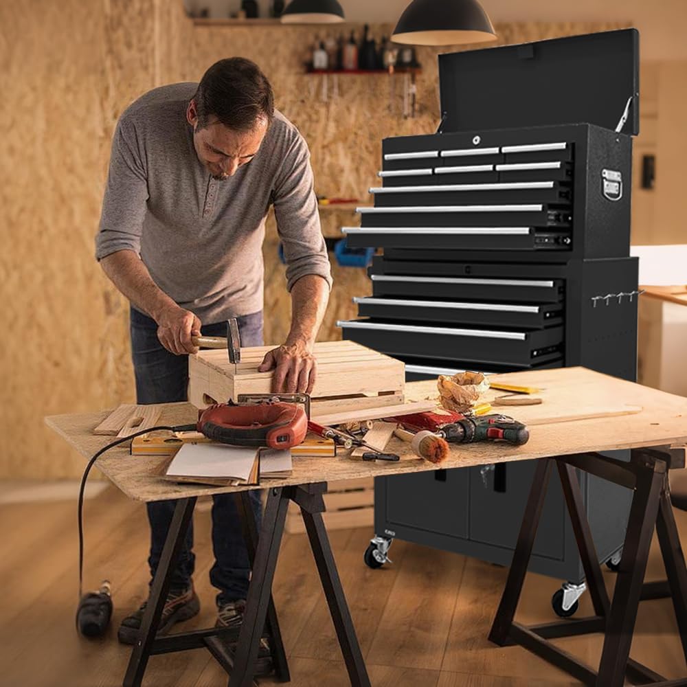 13-Drawer Rolling Tool Chest, 2 in 1 Detachable Metal Tool Cabinet with Lock & Wheels, Heavy-Duty Tool Storage Organizer for Garage, Workshop, Auto Repair & Home (Black)