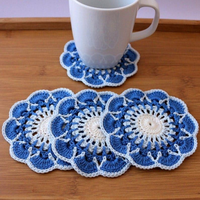 Crochet Doily Coasters Set of 6 Cotton Crochet Coasterscolor Blue and White Made to Order-image-32