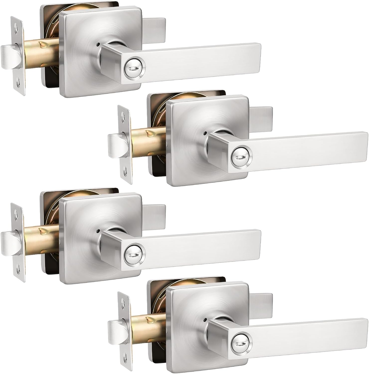 GOBEKOR 4 Pack Privacy Door Levers Brushed Nickel Interior Door Handles with Lock Square Door Levers for Bedroom Bathroom Nickel Door Handles Interior Keyless