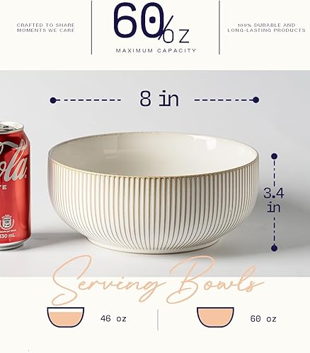 Miniatura 3 de getstar Grandes tazones para servir (8 pulgadas & 60 fl oz), juego de 2 tazones de ensalada de cerámica, aptos para microondas y lavavajillas, juego