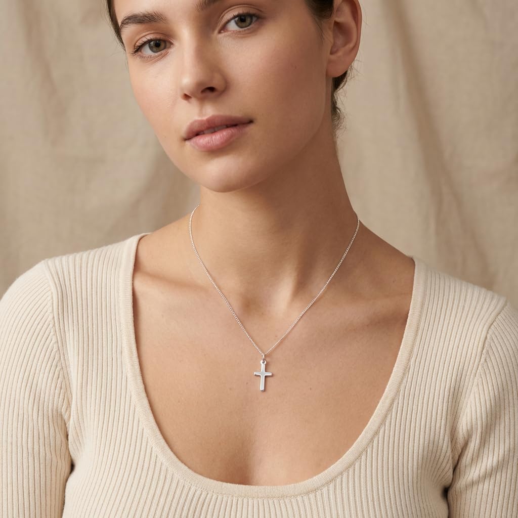 Collar con colgante en forma de cruz de plata de ley para niños, con cadena de 40,64 cm y estuche de regalo