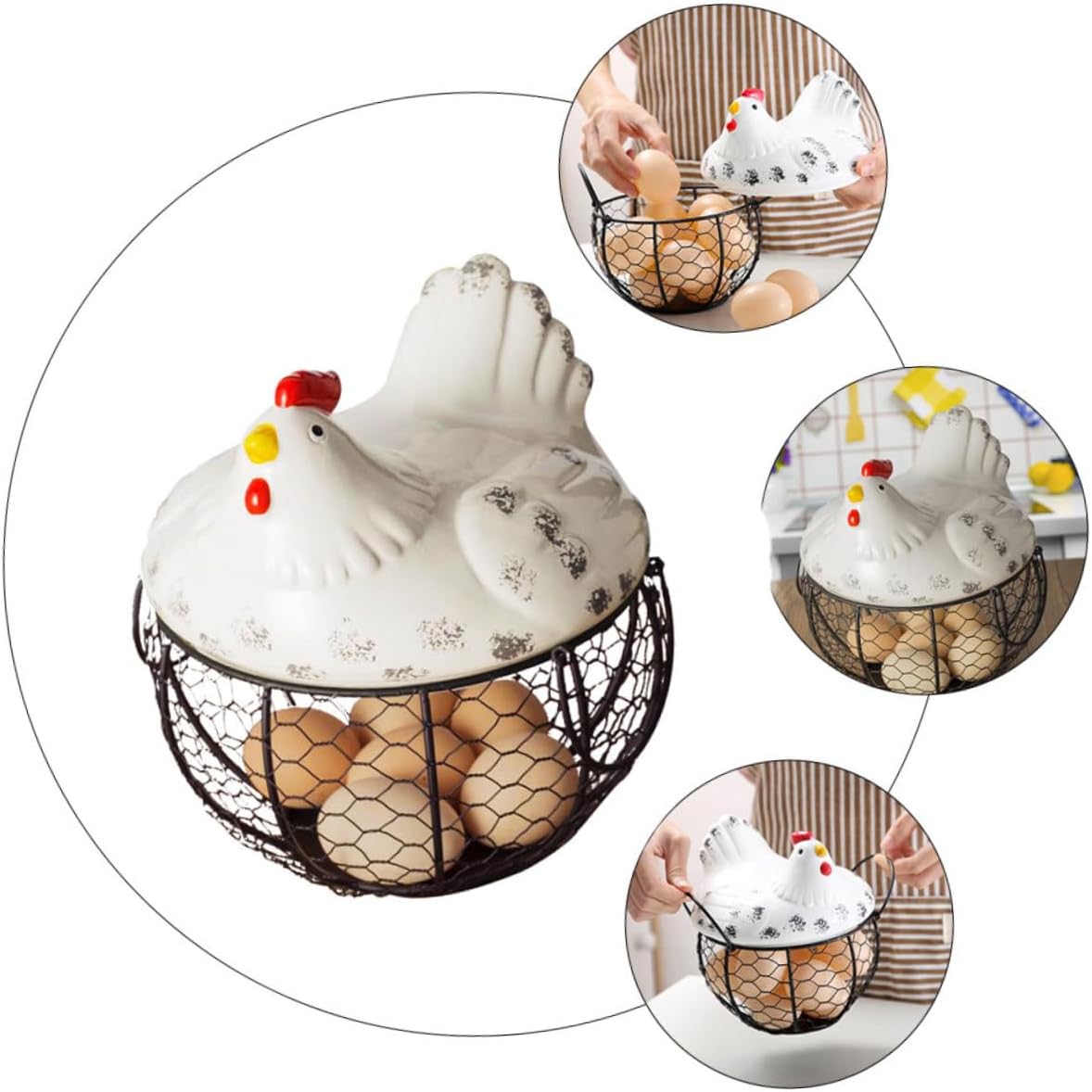 SECFOU White Small Iron Egg Basket with Handle for Kitchen Storage and Snack Organization, Rustic Farmhouse Style Decorative Fruit and Egg Collection Basket for Home and Restaurant Use