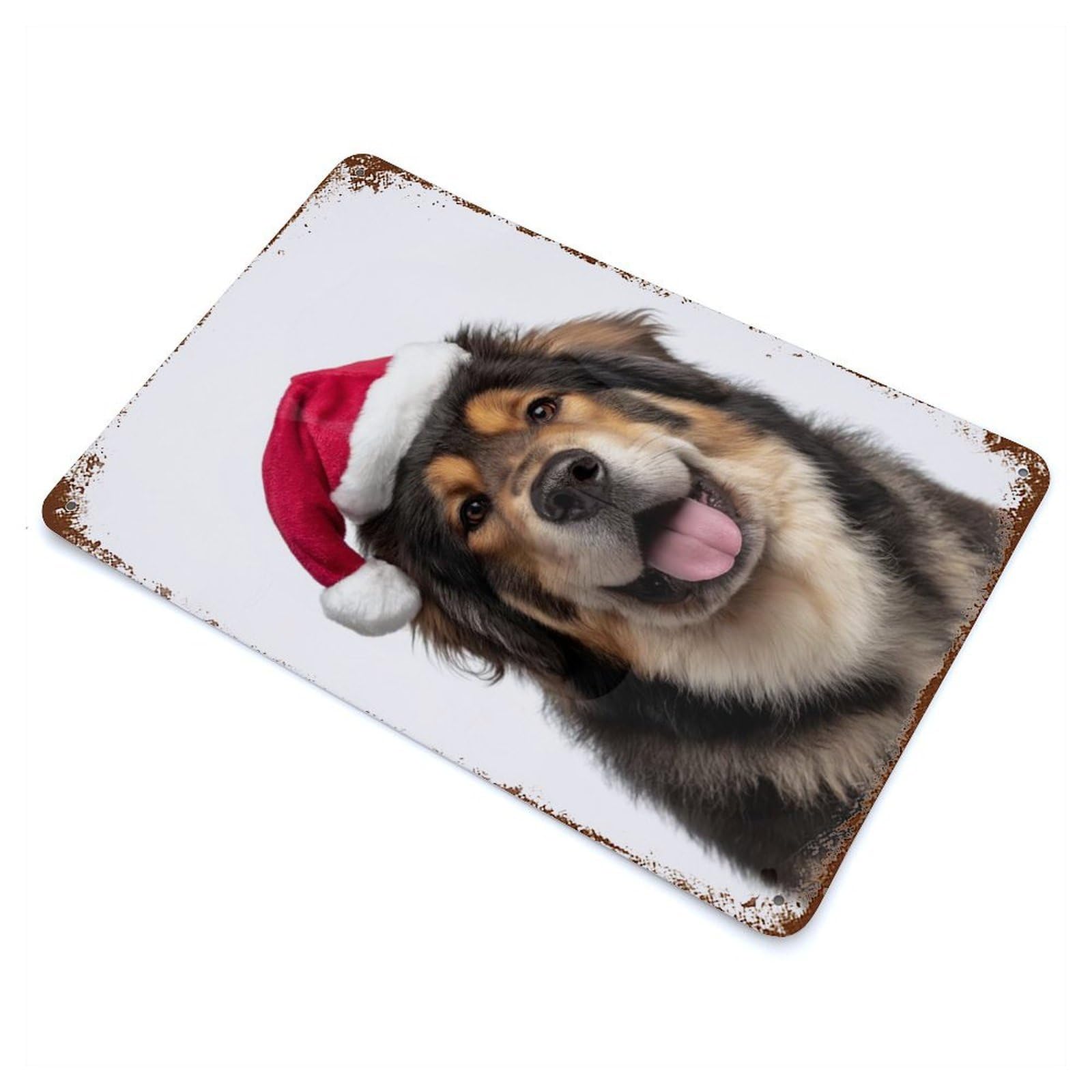 Vintage Rust Metal Sign with Tibetan Mastiff Dog with Santa Hat Portrait Design 11.8"x7.9", for Patio, Garden Room And Bar Decor, Old School Wall Decor