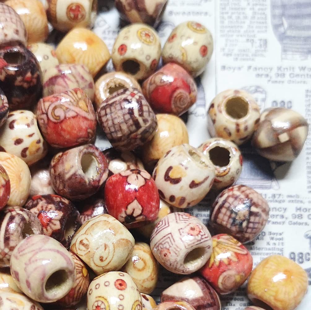 BetterJonny Abstandshalter-Perlen, gemischte bemalte Fass-Holzperlen, 17x16 mm, rundes, bedrucktes Muster, Trommelholz, lose Perlen für DIY-Herstellung von Armbändern, Haarhandwerksprojekt, 200 Stück