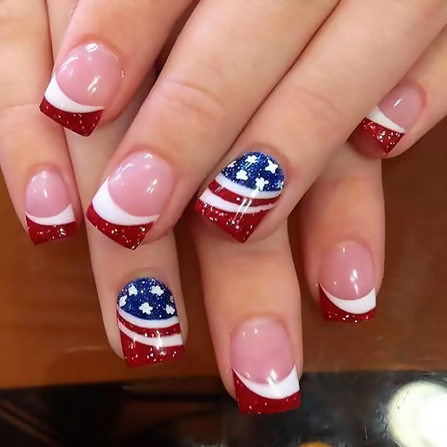 4th of July Press on Nails Short Square Fake Nail with Star Red Glitter Stripe Independence Day French Tip False Nails Full Cover Stick on Nail
