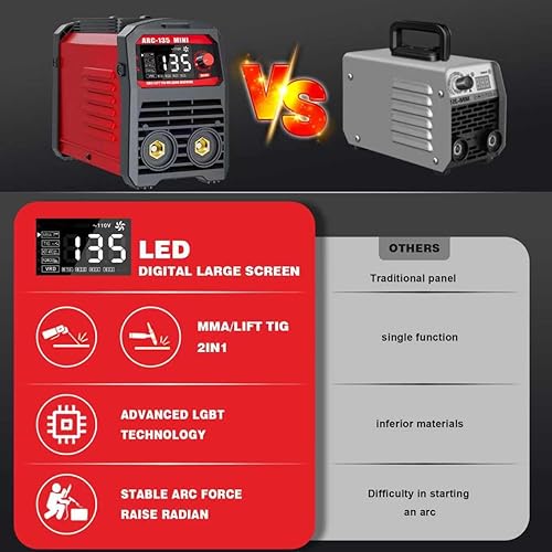 Miniatura 5 de Soldador de palo, máquina de soldadura portátil ARC 135 110V, máquina de soldadura TIG de palo/elevación 2 en 1 con pantalla LED grande, inversor