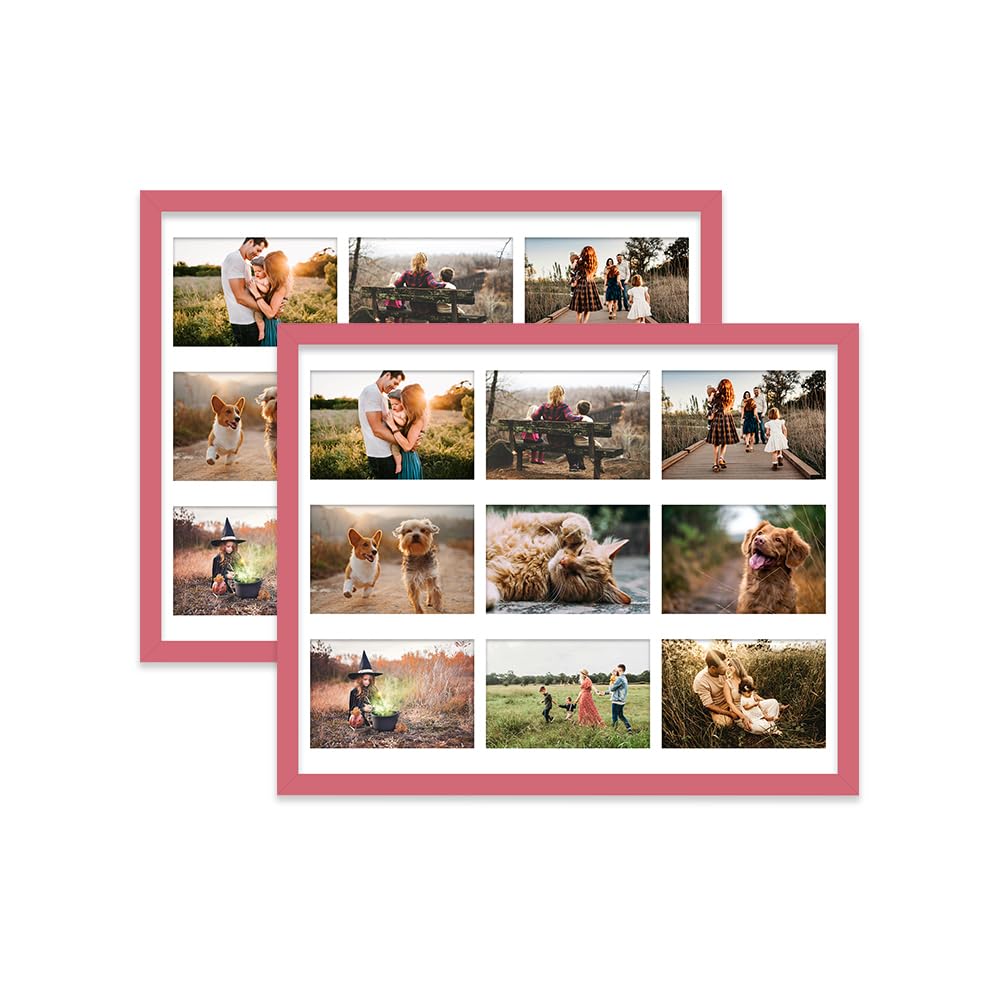 Pink Multi Photo Frame - Holds 9 x 6x4 Pictures, Family Collage Picture Frame for Wall Display, 20x16 Frame size, Set of 2