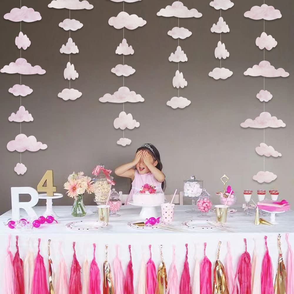 Personality White Cloud Hanging Garland Party Decoration Kit Supply Artificial Paper Cut on Banner DIY Wall Bunting Nursery Children Room Art Stage Ornaments 1st Birthday Baptism Wedding Decor (Pink)