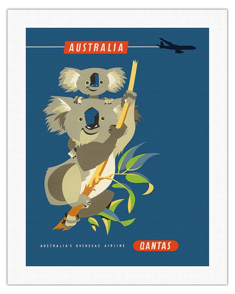 Australia - Koala Bears - Qantas Empire Airways (QEA)- TEAL BOAC AIR INDIA - Vintage Airline Travel Poster by Harry Rogers c.1960s - Fine Art Rolled Canvas Print 20in x 26in