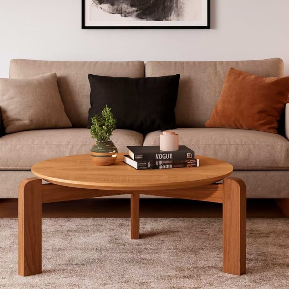 Mesa de Centro Austria Branco Redonda Tampo MDF Sala Moderna (Canela)