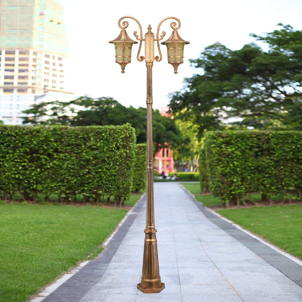 Palo Alto in Vetro Lanterna da Strada Europea Vintage Doppia Testa E27 Ottone Metallo Alluminio Lampada da palo IP54 Impermeabile Esterno Giardino Pilastro Luce Vialetto,Height 2.9m