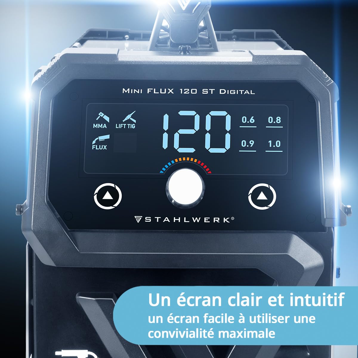 STAHLWERK Poste à souder Mini FLUX 120 ST Digital – Kit complet avec chariot – Soudage au fil fourré (FLUX) sans gaz jusqu'à 120 A, dévidage synergique, LED, fonction Lift-TIG & MMA (ARC)