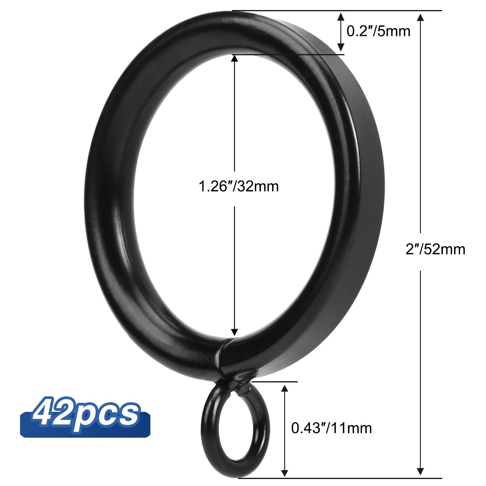 42 anelli per tende in metallo con diametro interno da 3,2 cm, con occhielli, filo spesso a semicerchio, adatti per aste fino a 2,5 cm (nero, 42 pezzi)
