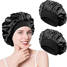 2 Pieces Bonnet Satin Cheveux Nuit, pour Femme, Bonnet en Satin à Bande Élastique Douce (Noir+Noir)