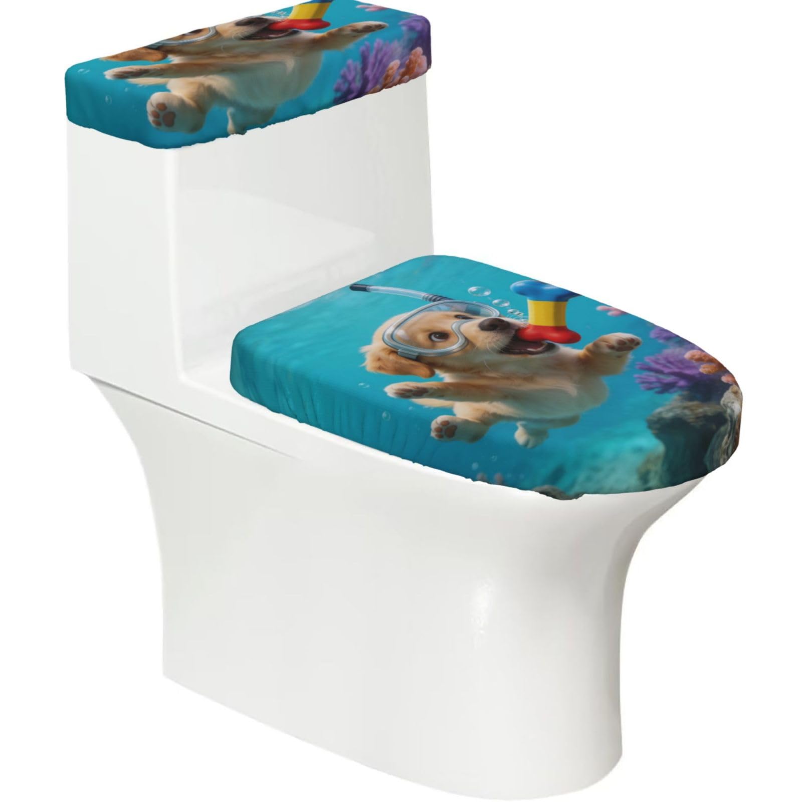 Puppy Elastic Toilet Cover Set of 2-Stretchy Lid and Tank Covers for Bathroom, Soft Washable U Shape Toilet Decor