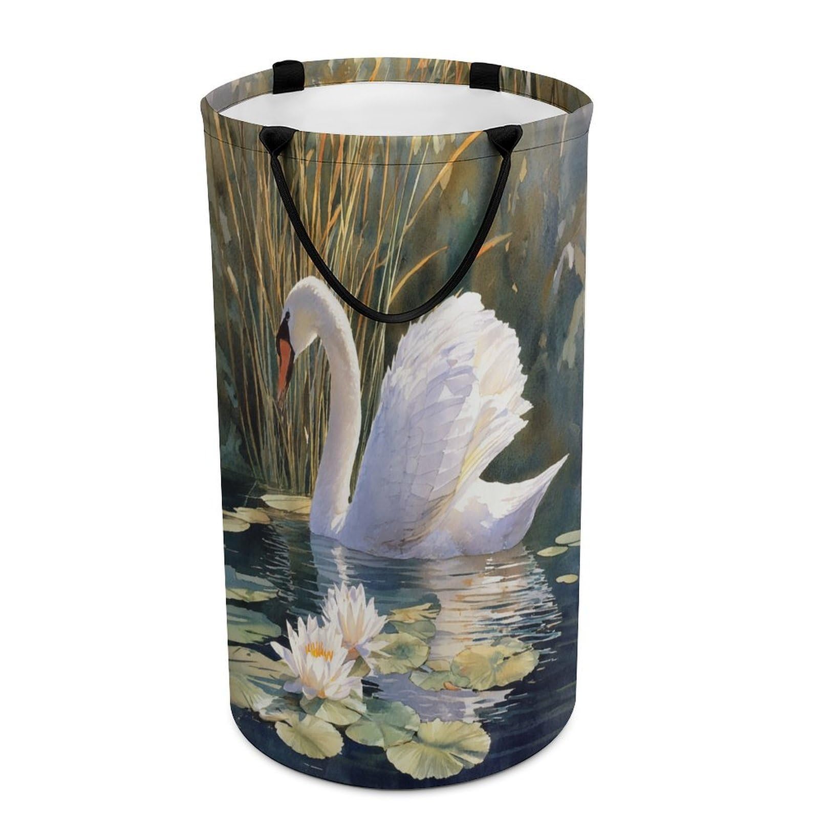 LUYYSKY Vintage Classic Elegant Swan Collapsible Dirty Clothes Basket, Classic Watercolor Lake Lotus Floral Animal Swan Pattern Portable Clothes Storage Basket