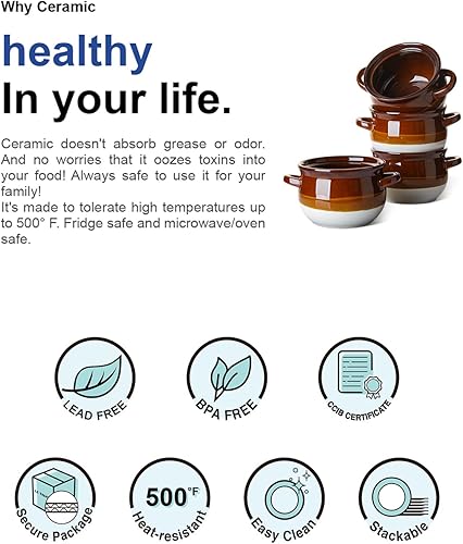 Miniatura 7 de LE TAUCI Sopa de cebolla francesa con asas, cuencos de sopa de cerámica de 22 onzas para sopa, chile, estofado de carne, juego de 4, apto para horno