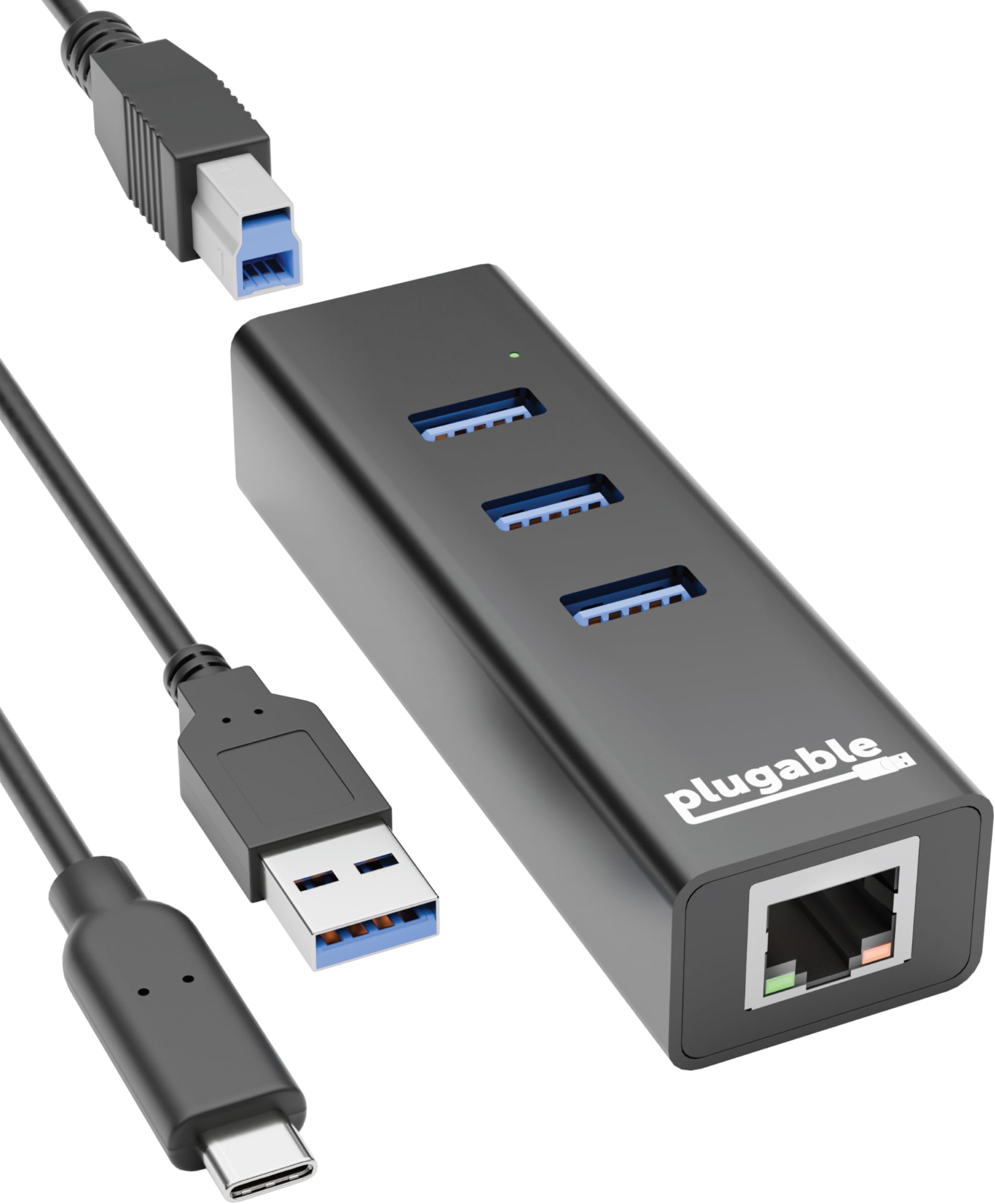 3-Port USB 3.0 Hub with Gigabit Ethernet | Compatible with Windows, macOS, Linux, and ChromeOS | Portable USB-C/USB-A Bus-Powered RJ45 GbE LAN Adapter for Laptops, MacBooks, Chromebooks