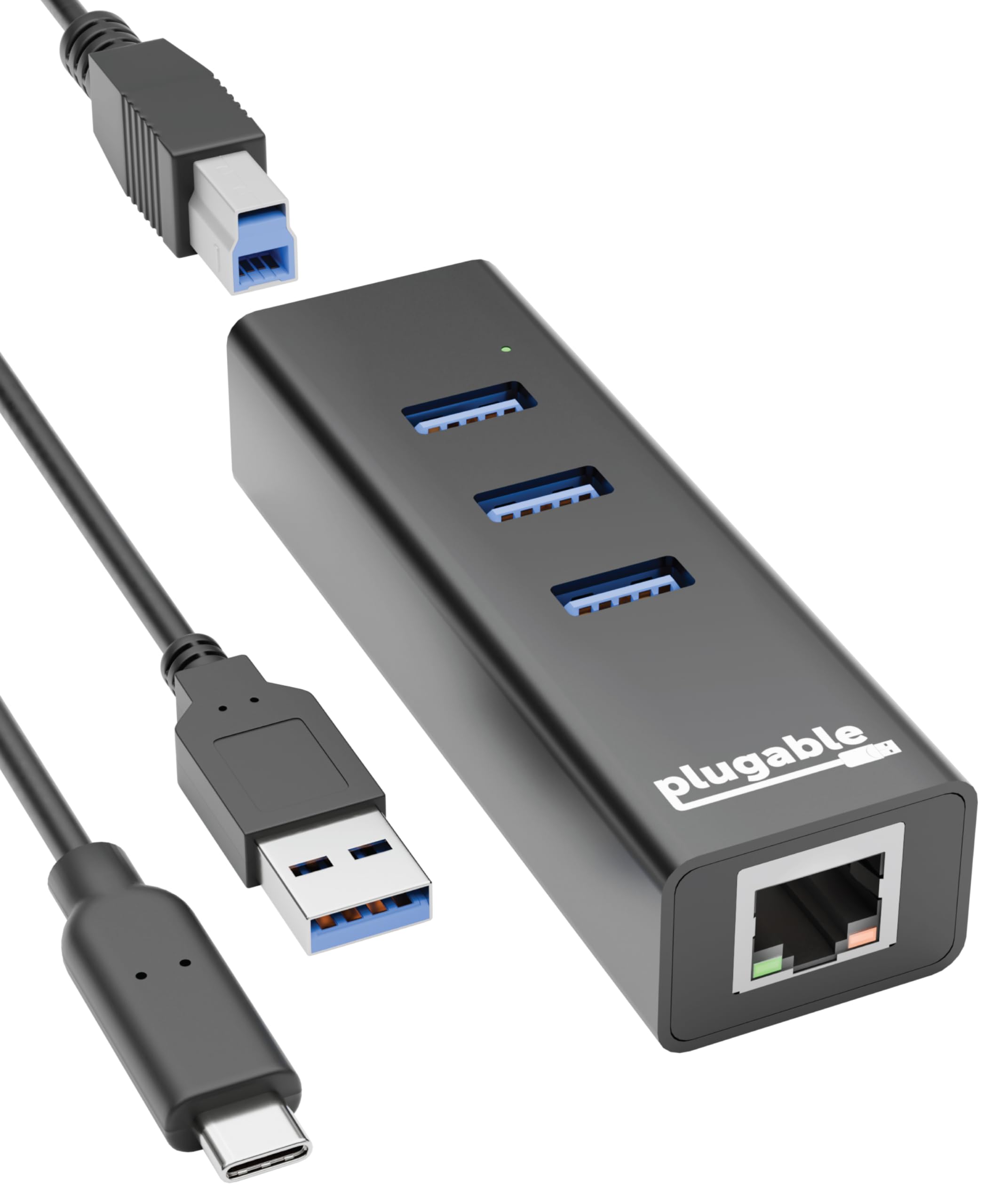 Plugable Technologies Hub 3 porte con USB 3.0 bus con Gigabit Ethernet per Windows, MacBook, Linux, Chrome OS (cavi USB-​C e USB 3.0 inclusi), Nero