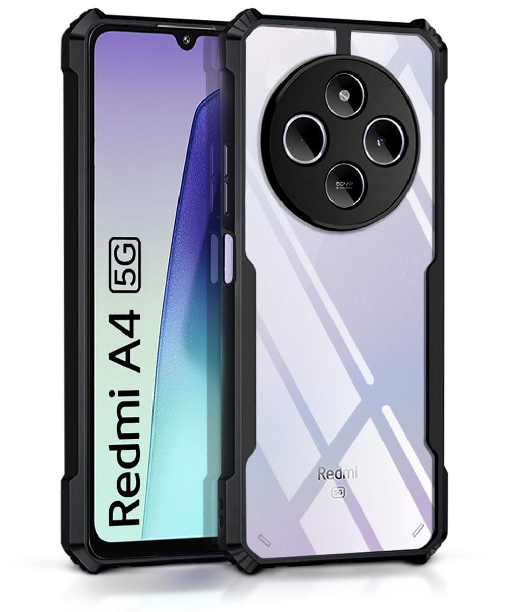 WOW IMAGINE PC,TPU Shock Proof Clear Protective Back Case For Redmi A4 5G|Poco C75 5G|Redmi 14C 5G-Airedge Technology|360 Degree Camera Protection|Transparent Hybrid Back Case Mobile Cover-Black