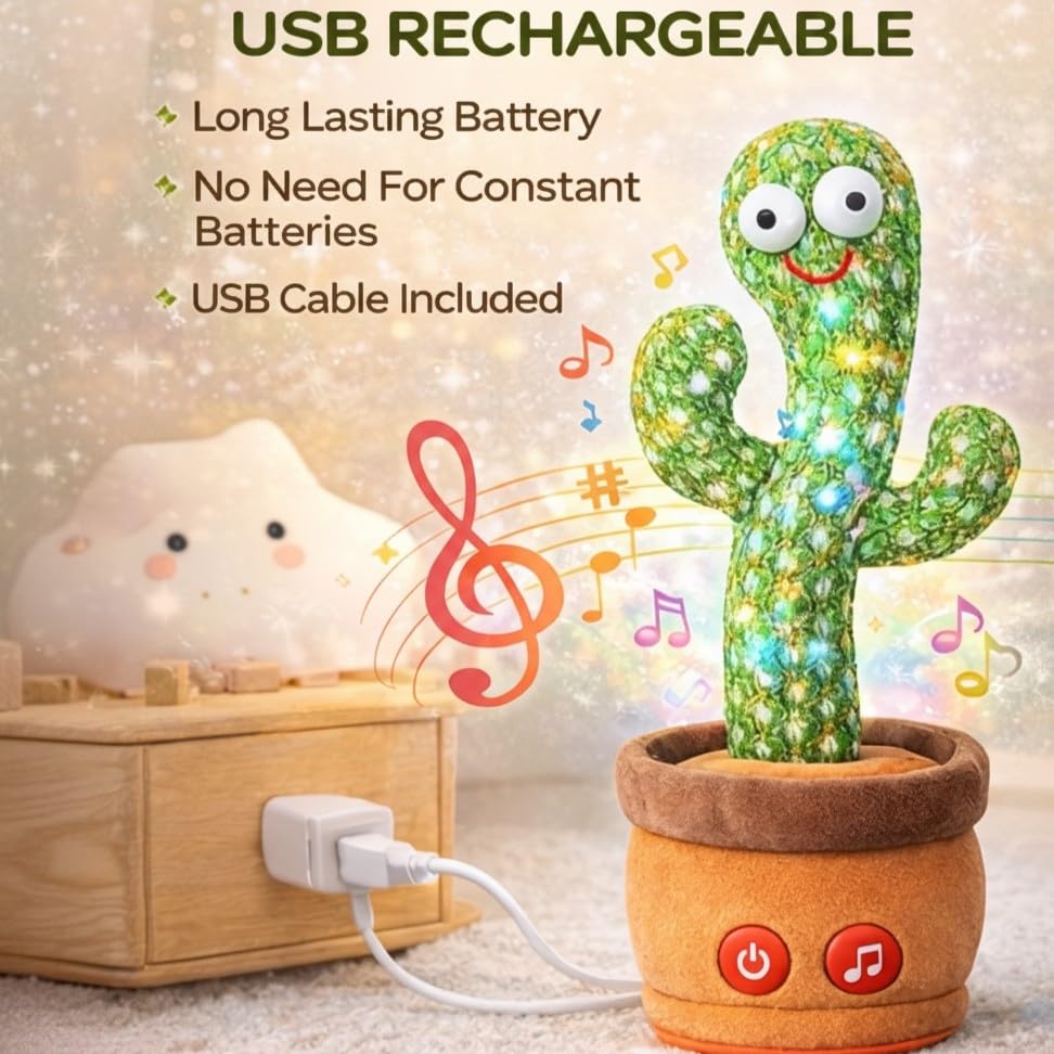 Dancing Cactus Toy for Baby & Kids, Talking & Singing Plush Cactus with LED Lights, Repeats What You Say, Musical Interactive Toy with USB Rechargeable Battery, Fun Educational Gift for Toddlers 2