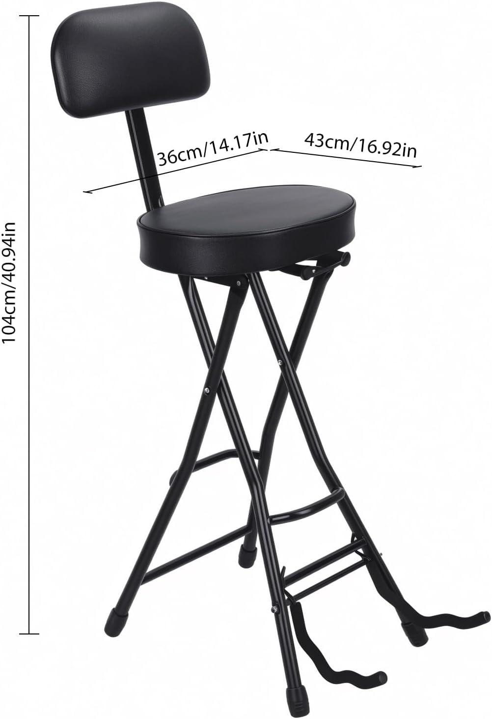 Foldable Guitar Stool with Backrest, Guitar Seat with EVA Foam Upholstery, Seat with Built-in Stand and Adjustable Footrest for Hand-Held Instruments Black