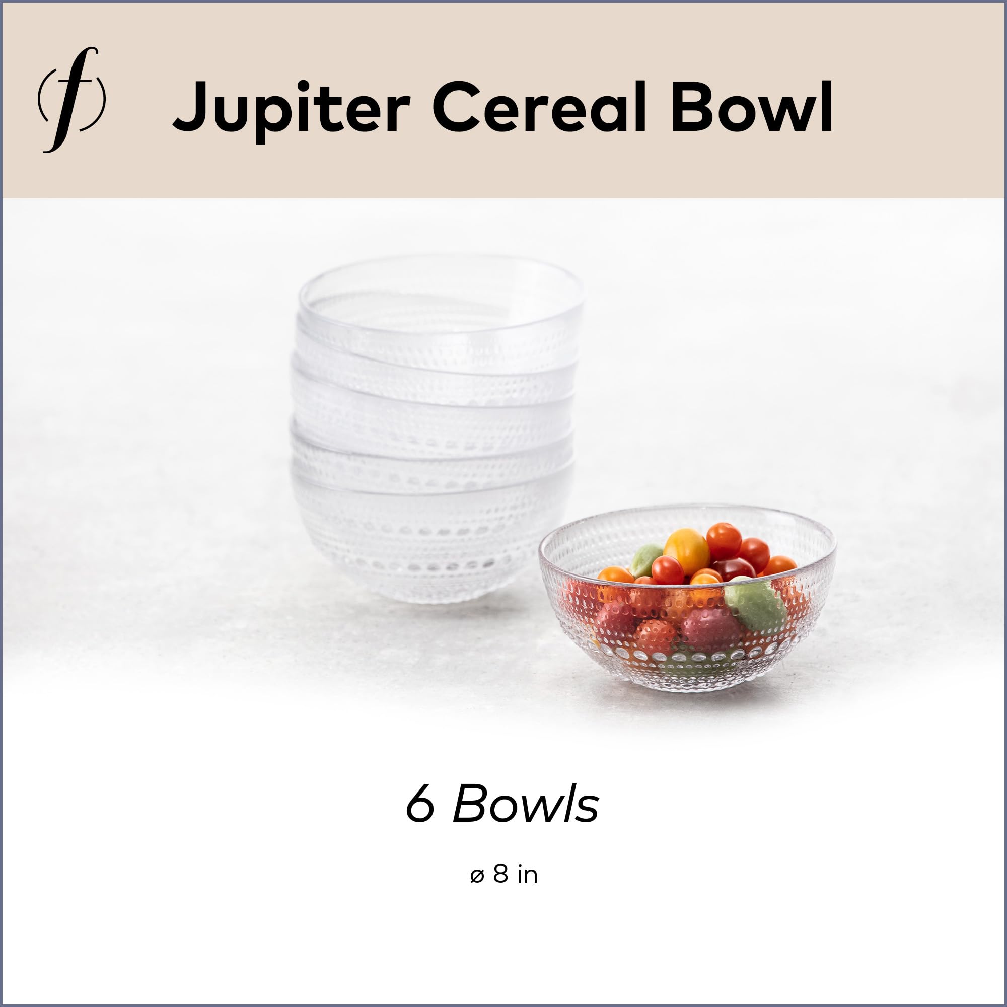 Fortessa Jupiter Vintage Glassware Collection - Cuenco multiusos para ensalada de cereales y postres, 5 pulgadas, paquete de 6, transparente, 14 onzas (paquete de 6)