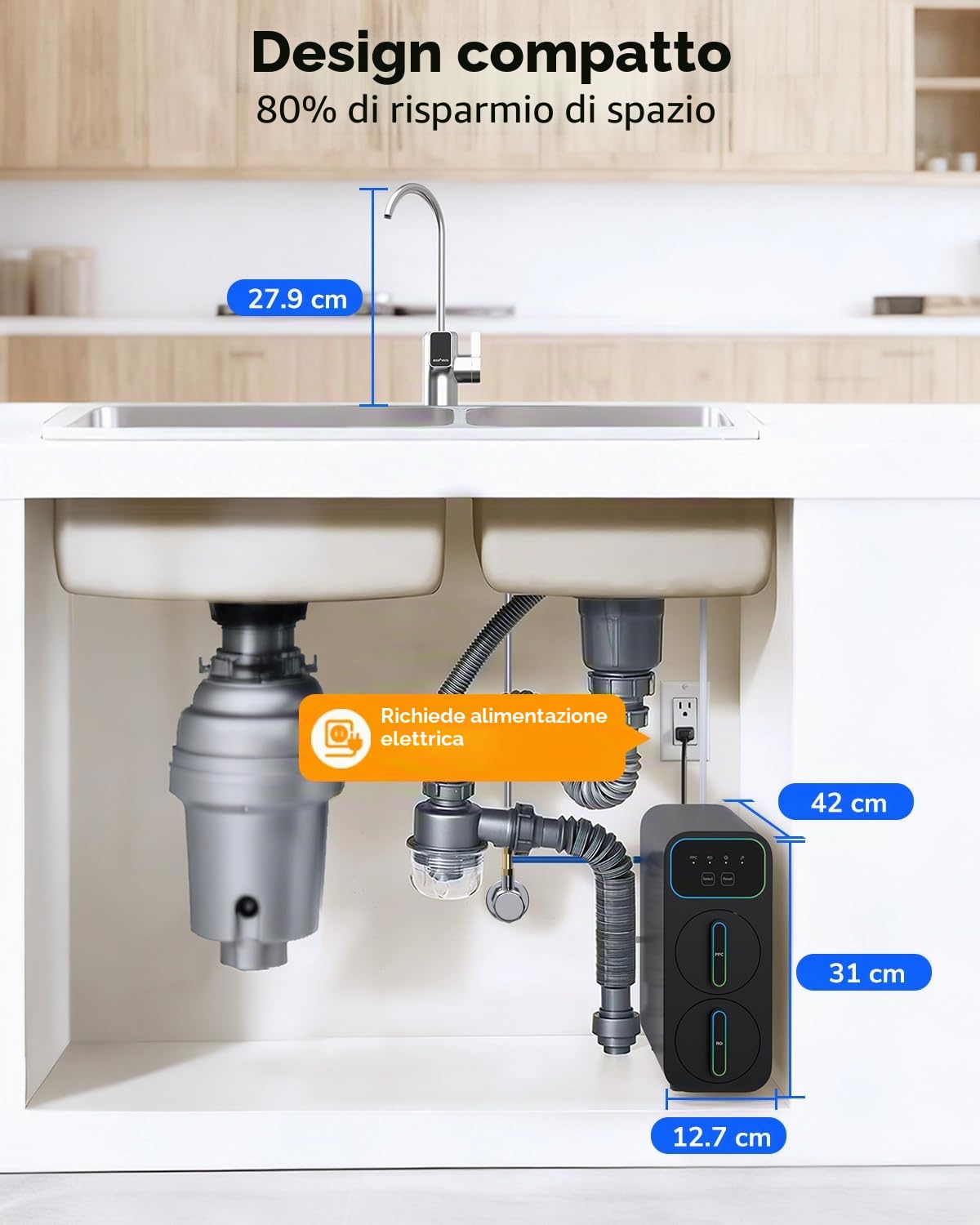 Ecoviva Impianto ad osmosi inversa E8 con, 800 GPD (3028 L/giorno), filtro acqua potabile, filtro a 9 stadi RO, filtro per l'acqua sotto il tavolo, rapporto risparmio 2,5:1