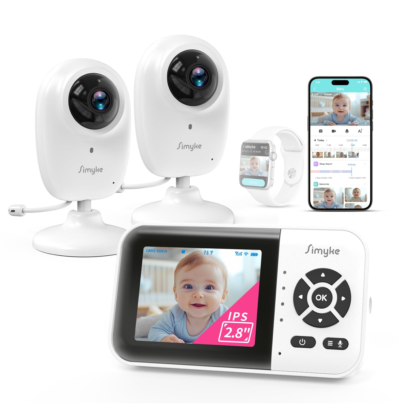 Simyke Smart BabyMonitor, 2 cámaras de 1080p, interruptor de encendido/apagado WiFi, pantalla de 2.8 pulgadas o acceso remoto WiFi, visión nocturna, alcance de 1500 pies, conversación bidireccional,