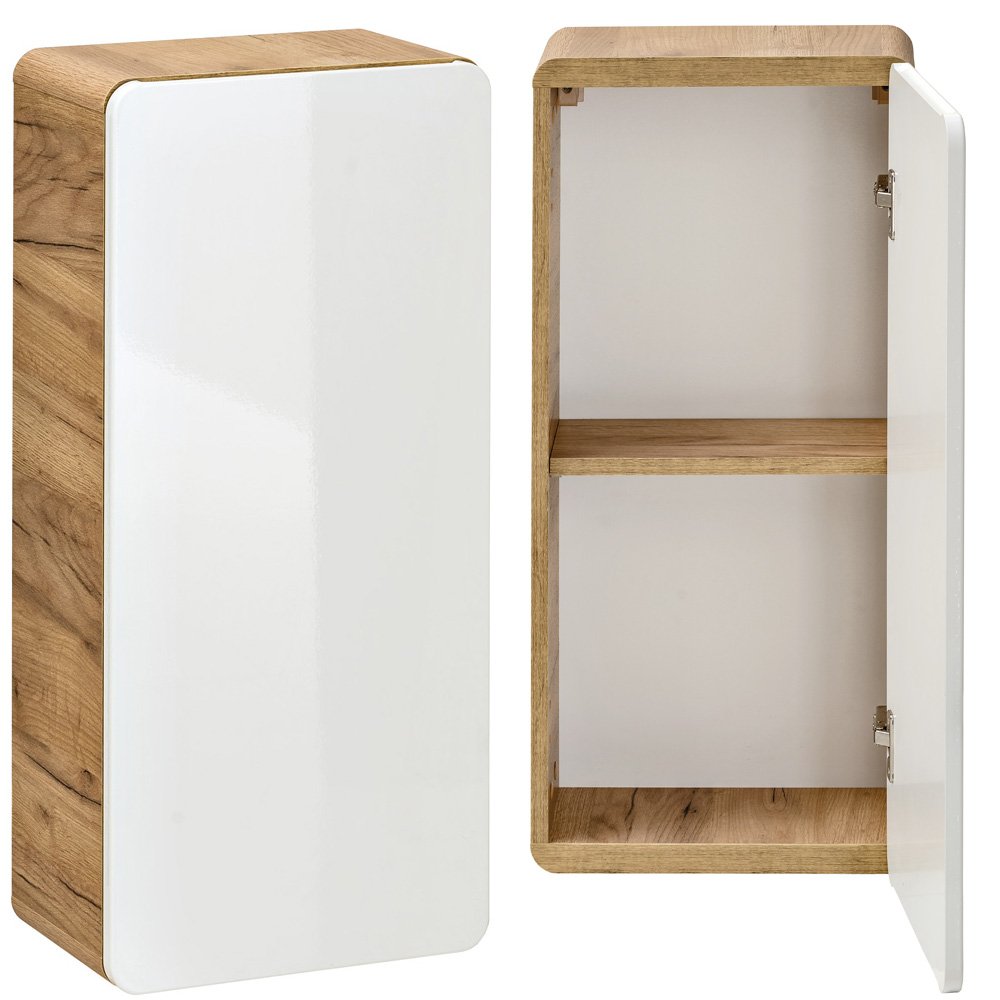 Lomadox Ensemble de meubles de salle de bain avec vasque et miroir LED de 81 cm - Blanc brillant avec chêne Wotan - Armoire suspendue, meuble bas