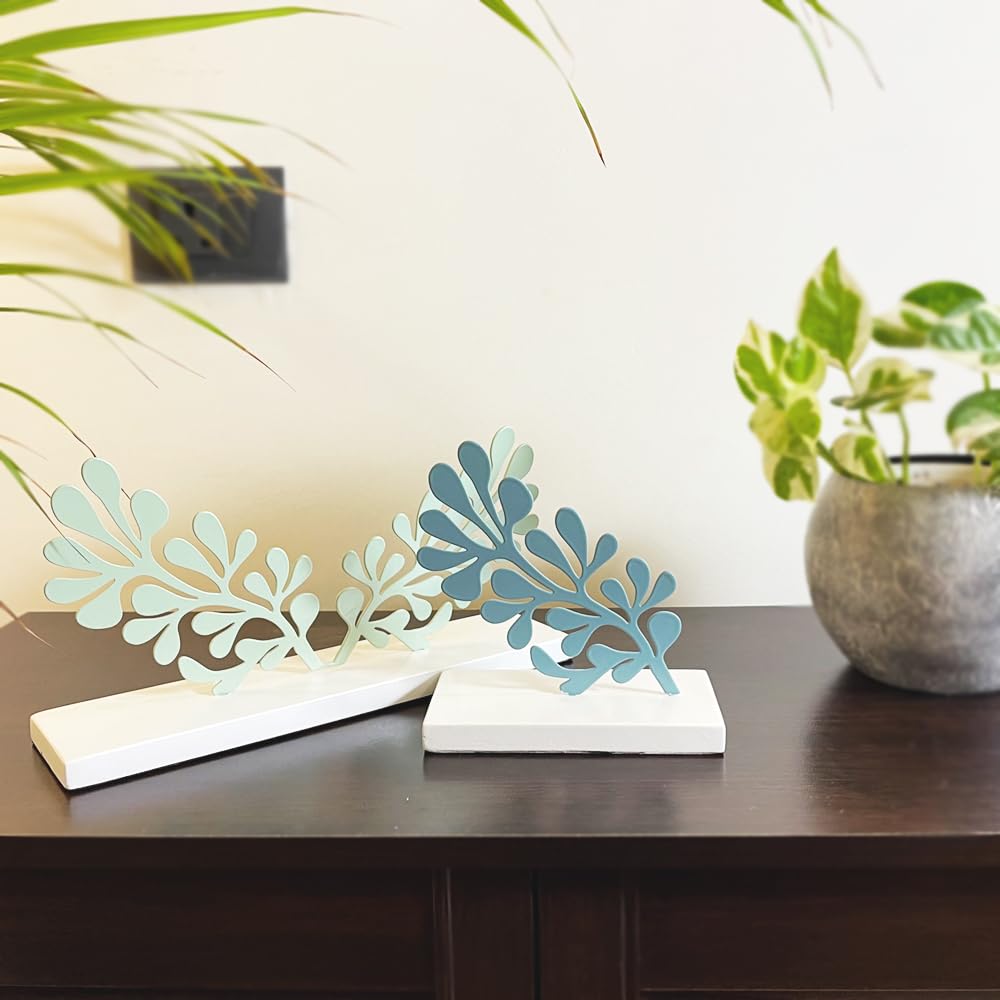 MORii® Scandinavian Coral Reef Pedestal - Mango Wood Base with Glossy Metal Body, Soft Pastel Colors, Sturdy Tabletop Decor (Combo Pack, 1 Large + 1 Small)