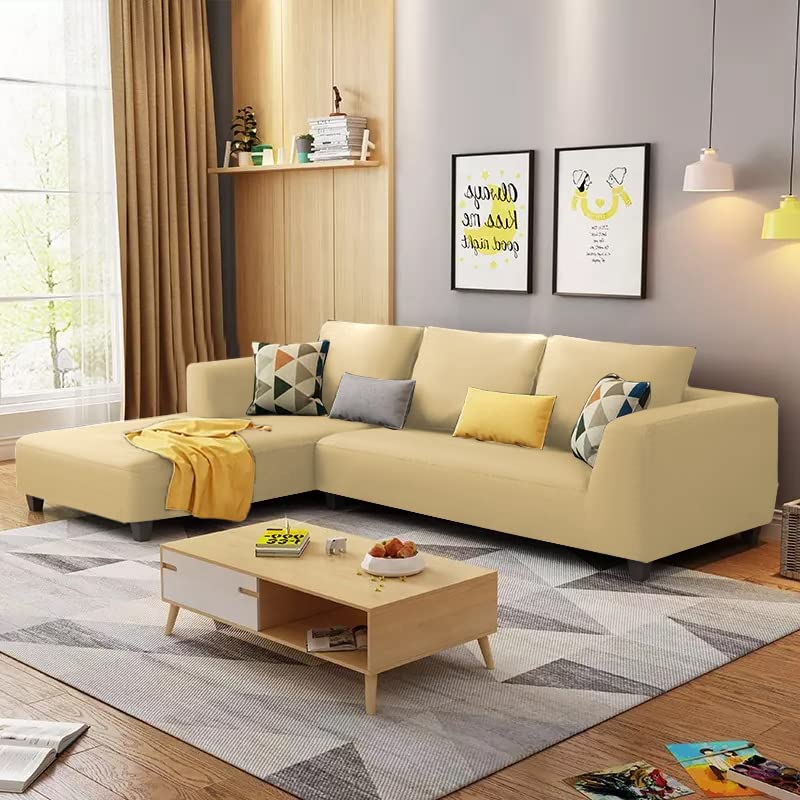 Image of Galib LHS 4 Seater L Shape Sofa Set for Living Room (Cream) Premium Fabric