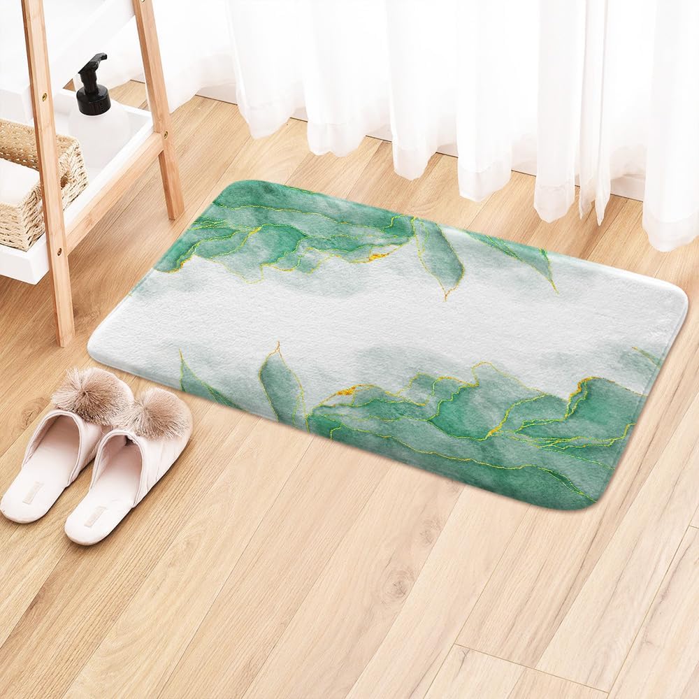 Teal and Gold Marble Bath Mat for Bathroom, Modern Abstract Light Green Aqua White Floor Rugs Mats Non Slip Cute Ombre Bathroom Decor Accessories 19X31 Inches Kitchen Bedroom Indoor