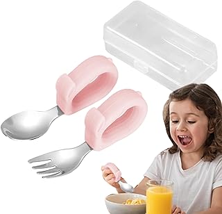 Juego de utensilios para niños, tenedor y cuchara, juego de cucharas y cucharas de acero inoxidable con estuche de viaje, bonitos utensilios de acero inoxidable, seguro y apto para alimentos, juego de