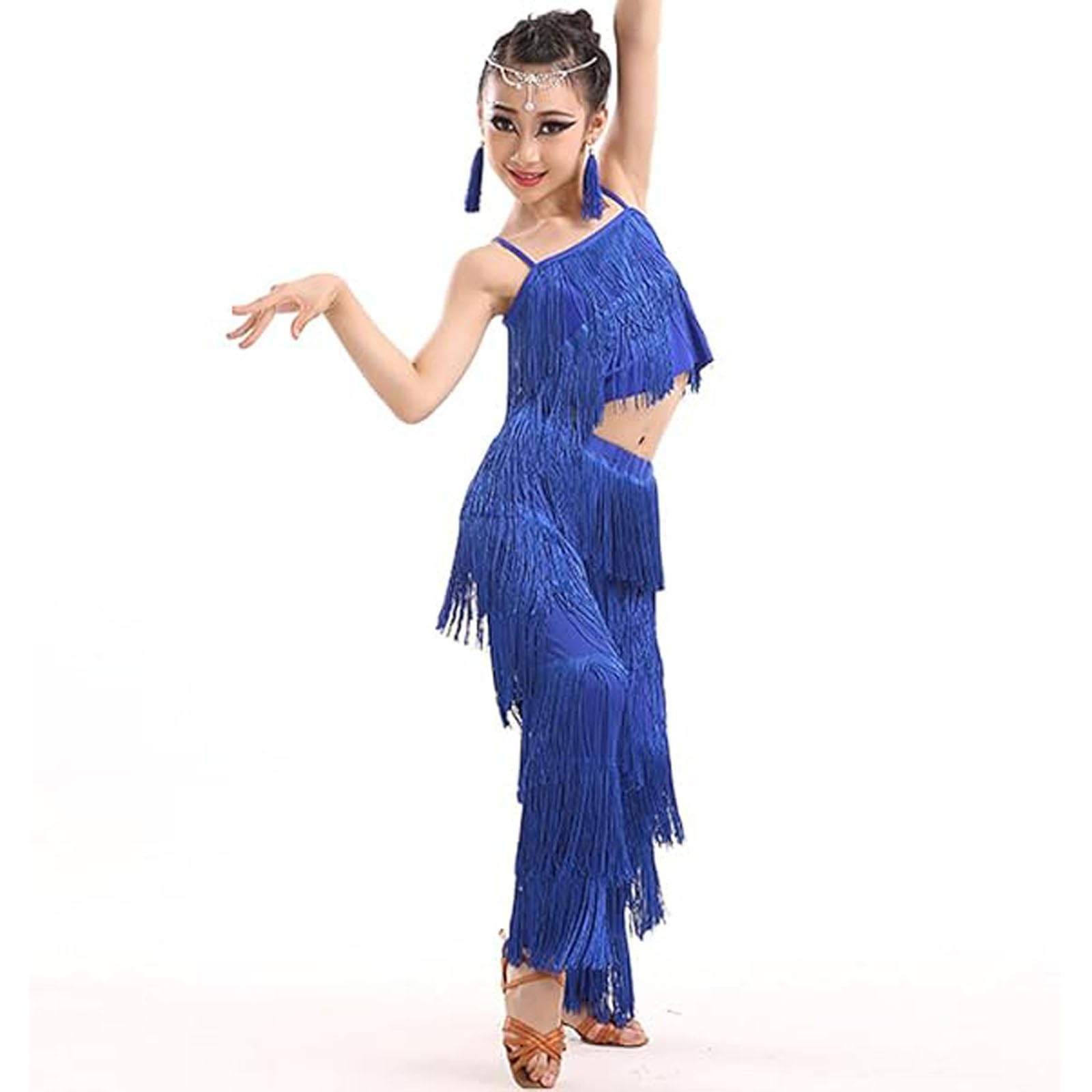 Vestito Ballo Latino Americano Bambina Set 3 Pezzi Top Senza Maniche con Pantaloni a Frange e Orecchini Costume Danza Vestiti Ballerine Abbigliamento Completo da Pratica per Cha Cha Esibizione